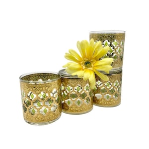 Vintage Culver Valencia 22K Set of 4 Green Gold Filigree 10 Oz Double Old Fashioned/Lowball/Rocks/Whiskey/Glasses / 1960&#39;s Culver