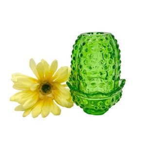RARE Vintage Fenton Fairy Lamp / Fenton Light Kelly Green Uranium Hobnail 2 Piece Fairy Lamp Light with Fenton Logo