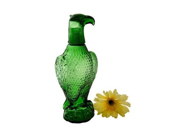 Vintage Decanter / Green Eagle Glass Decanter with Shot Glass Lid / 1970&#39;s Green Eagle Glass Decanter Bottle with Lid