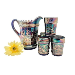 Antique Peacock at the Fountain Pitcher and Glasses / Antique Northwood Peacock at the Fountain Pitcher with 4 Glasses