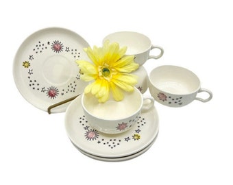 Vintage Star Patterned Teacups and Plates by Stetson China Company / 1950's Atomic Teacup and Plate Set