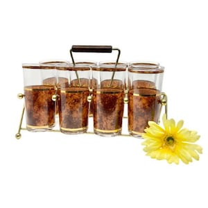 Vintage Culver Tortoise Set of 8 Highball Glasses with 22K Gold Trim and Caddy / 1970’s Culver Tortoise Glasses with Caddy