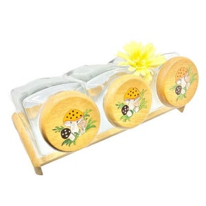 Vintage Merry Mushroom Canister SET of 3 GLASS Canisters with Wooden Rack / 1970&#39;s Merry Mushroom Glass Canisters