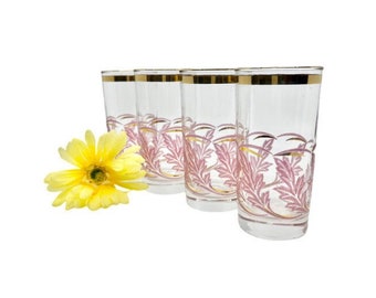 Vintage Libbey Pink Fern Glaze Glasses: 22K Gold Trim, Set of 4