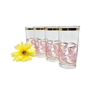 Vintage Libbey Pink “Fern Glaze” Set of 4 Glasses/Tumblers / Libbey Pink 22K Gold Trimmed 12 Ounce Glasses / Mid-Century Pink Libbey Glasses