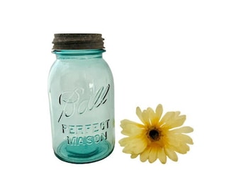 Antique Blue Ball Jar with Lid - "Perfect Mason"
