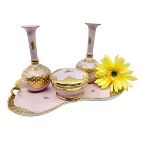 RARE Vintage Lenwile Ardalt Pink & Gold Vanity Set / 1940&#39;s Porcelain Vanity Tray, Lidded Powder Jar and Two Perfume Bottles #6225B