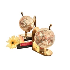 Vintage Globe Brass Bookends / Replogle World Classic Globe & Solid Brass Bookends Made in England