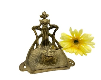 1920s Art Deco Brass Inkwell Stand: Lady & Leaf Motif