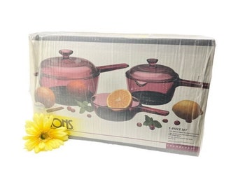 New Vintage COMPLETE VISION Cranberry Corning Ware/Pyrex 5 Piece Cookware Set of 3 Pots/Pans/Skillet