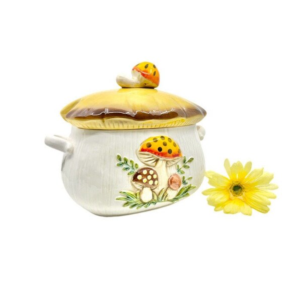 Vintage soupière en céramique aux champignons joyeux avec couvercle / Soupière à soupe aux champignons joyeux fabriquée par Sears