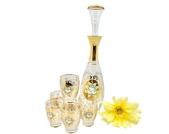 Vintage BEAUTIFUL 1950&#39;s Moser Glass Decanter and Shot Glasses Set / 1950&#39;s Hand Painted Floral Decanter and Shot Glasses