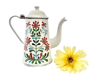 Vintage Floral Enamelware Tea Kettle: Colorful Farmhouse Decor