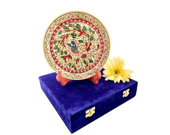 Vintage Hand Painted Peacock Plate: Gold Alabaster Marble, Rhinestones, Gilt, with Velvet Box