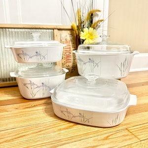 Vintage Corning Ware Shadow Iris SET of 4 Casseroles with Glass Lids / 2 Qt, 2.5 Qt, 3 Qt and 5 Qt / 1980’s Corning Ware Shadow Iris