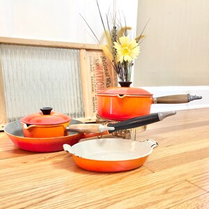 Vintage Le Creuset Flame Orange 6 Piece SET of 4 Pots and Pans / Flame Orange Le Creuset Cookware Set / Mid-Century Le Creuset Pots and Pans