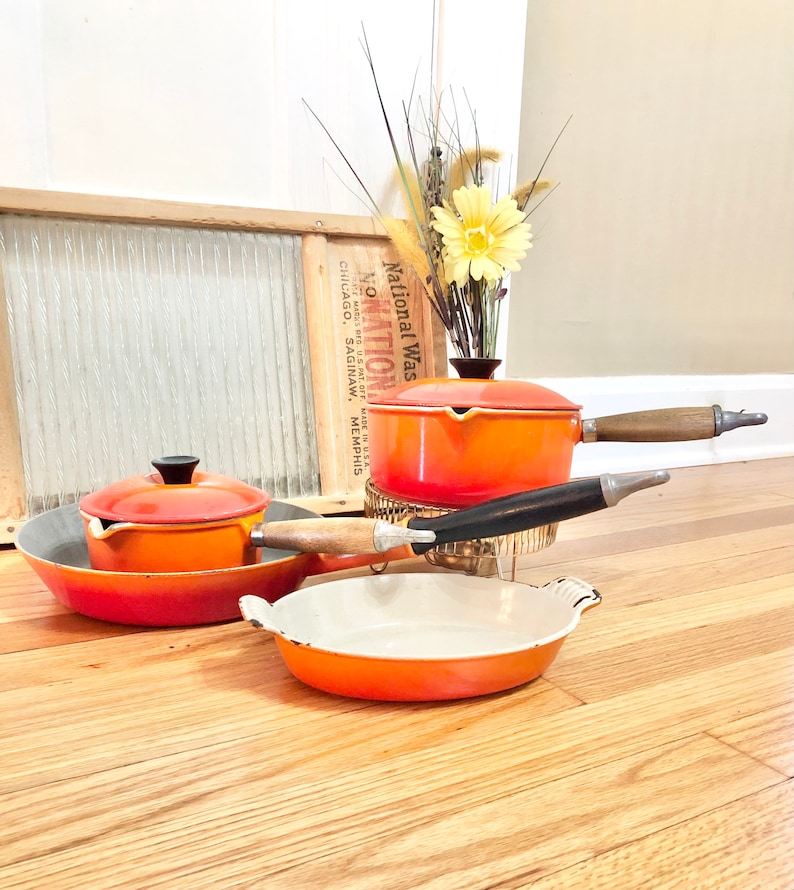 Vintage Le Creuset Flame Orange 6 Piece SET of 4 Pots and Pans / Flame Orange Le Creuset Cookware Set / Mid-Century Le Creuset Pots and Pans