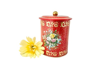 Vintage Tin Floral Can / Red Floral Vintage Tin / Vintage Brass / Kitchen Storage Tin / Kitchen Display