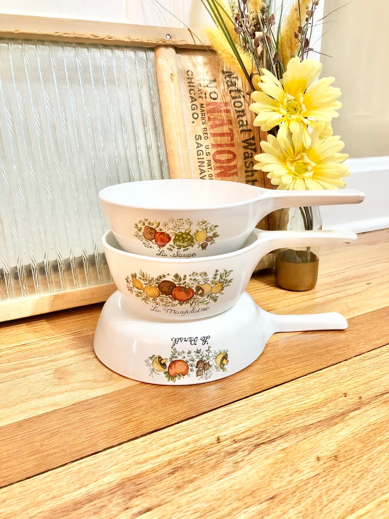 Vintage Corning Ware Spice of Life 5 Piece Set of 3 Pots and Pans / 1970s Corning Ware Spice of Life Cookware Set