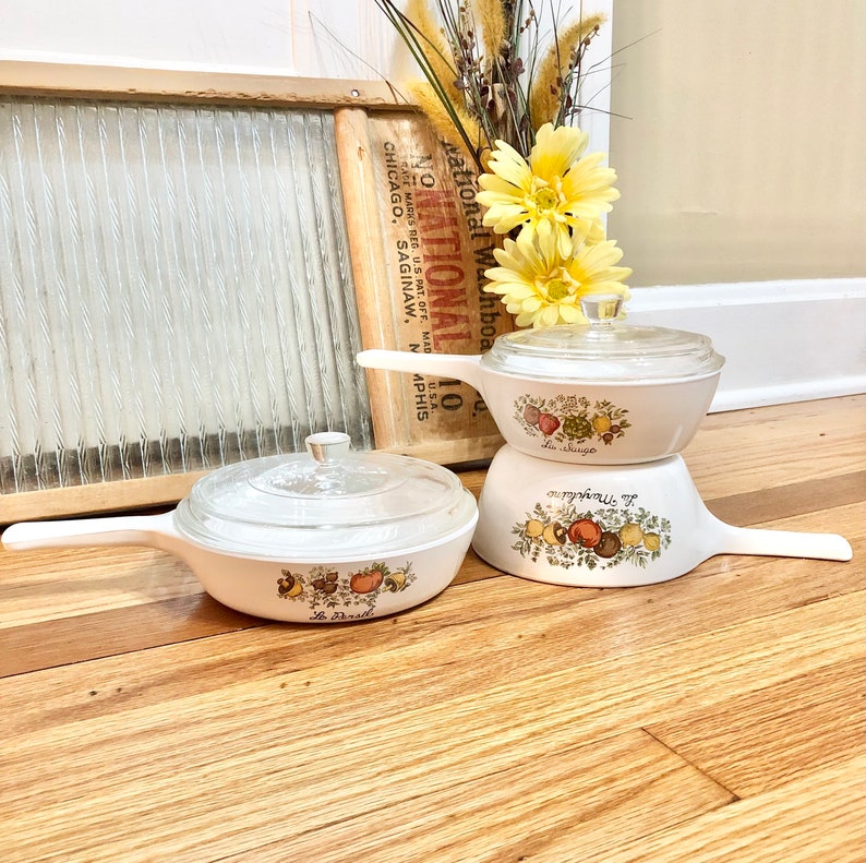 Vintage Corning Ware Spice of Life 5 Piece Set of 3 Pots and Pans / 1970s Corning Ware Spice of Life Cookware Set