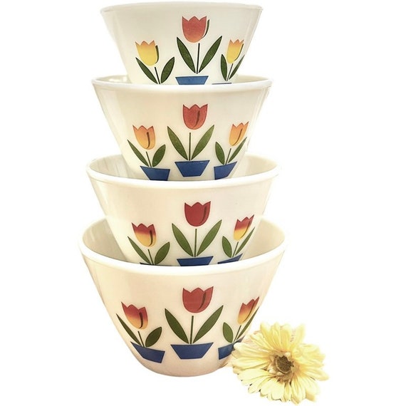 Vintage Fire-king Ivory Tulip Mixing Bowls - 1950s Set of 4 - Etsy