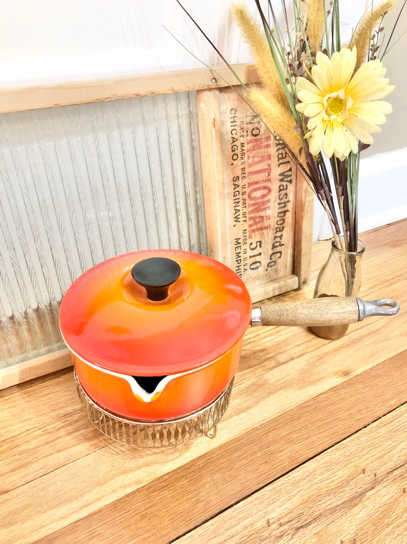 Vintage Le Creuset Flame Orange 6 Piece SET of 4 Pots and Pans / Flame Orange Le Creuset Cookware Set / Mid-Century Le Creuset Pots and Pans