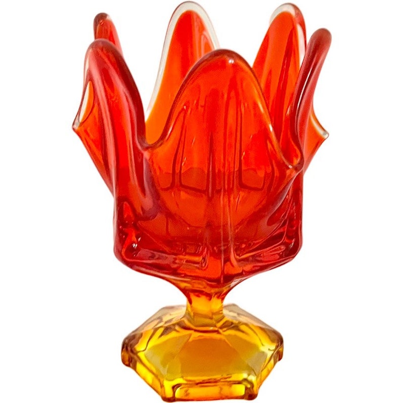 Vintage Viking Epic Swung Glass Handkerchief Vase Amberina 6 Petal Pedestal 6” Tall / 1950’s Viking Glass Vase