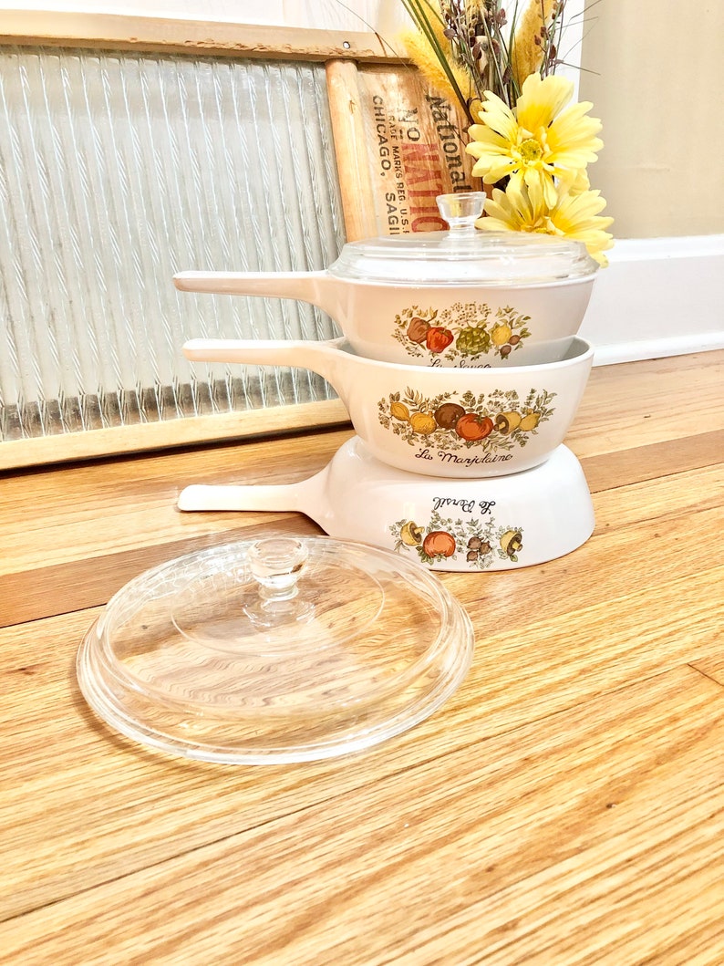 Vintage Corning Ware Spice of Life 5 Piece Set of 3 Pots and Pans / 1970s Corning Ware Spice of Life Cookware Set