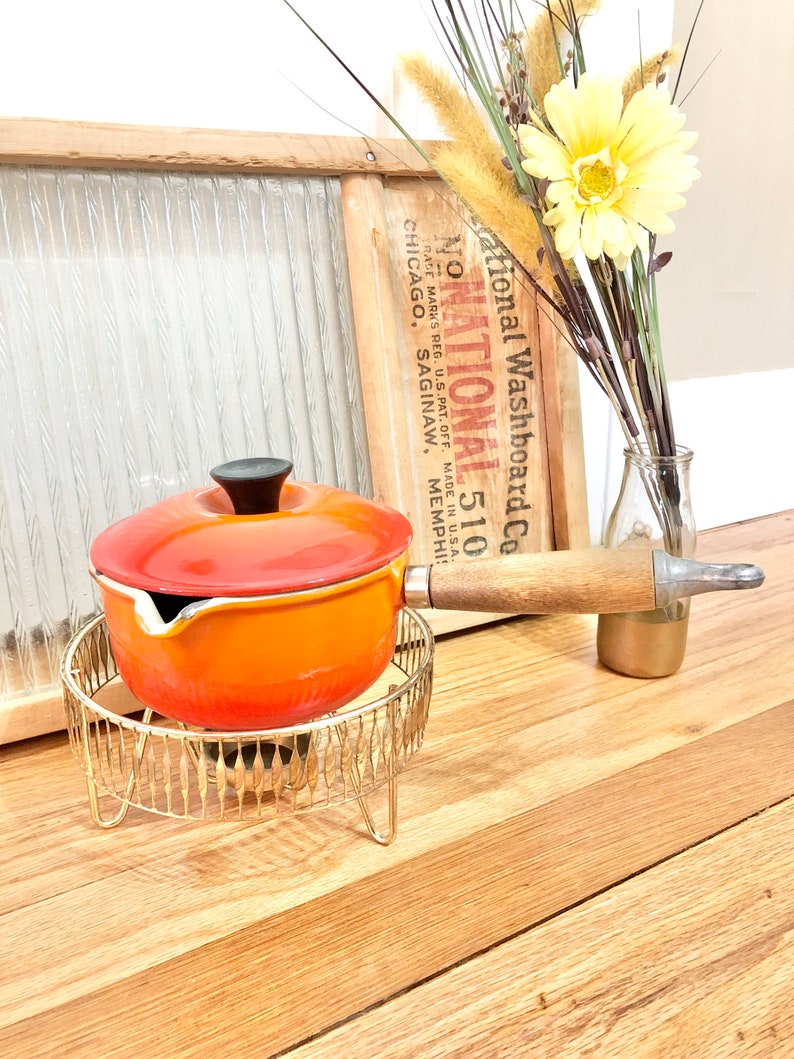 Vintage Le Creuset Flame Orange 6 Piece SET of 4 Pots and Pans / Flame Orange Le Creuset Cookware Set / Mid-Century Le Creuset Pots and Pans