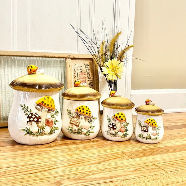 Vintage Merry Mushroom Ceramic Canister Set of Four (4) / Sears Merry Mushroom Canisters / Merry Mushroom Made by Sears c. 1970's