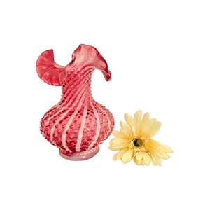 Vintage Fenton Cranberry Opalescent Spiral/Swirl Optic Ruffled Hobnail Vase / Vintage Fenton Cranberry Vase / 1990’s Fenton Collectible Vase