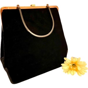 Vintage Handbag Black Velvet with Beads and Lucite Handle / 1960s Beaded Black Velvet Handbag image 6