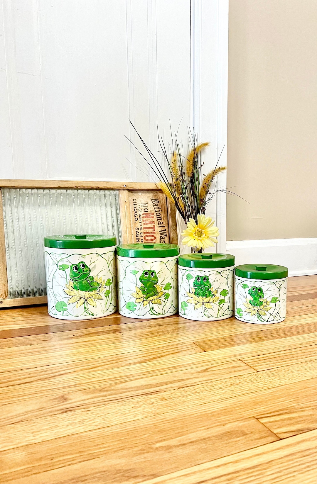 Vintage Neil the Frog Canister Set / Melamine melmac Nesting Canisters