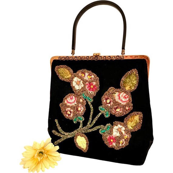 Vintage Handbag Black Velvet with Beads and Lucit… - image 8