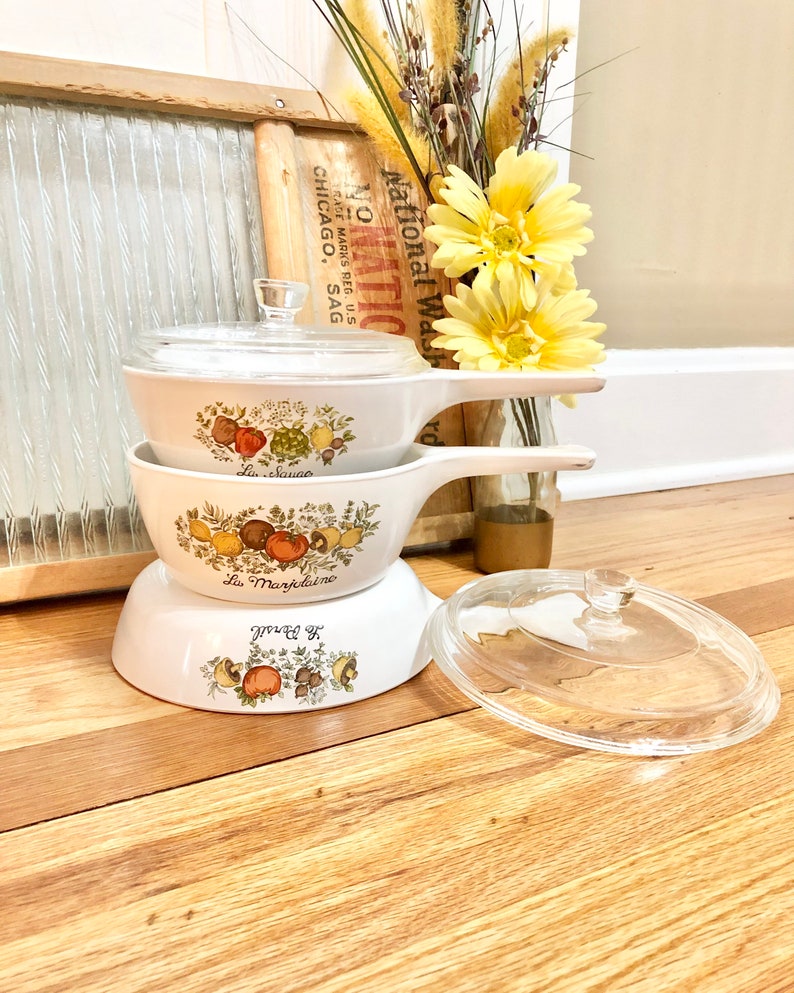 Vintage Corning Ware Spice of Life 5 Piece Set of 3 Pots and Pans / 1970s Corning Ware Spice of Life Cookware Set