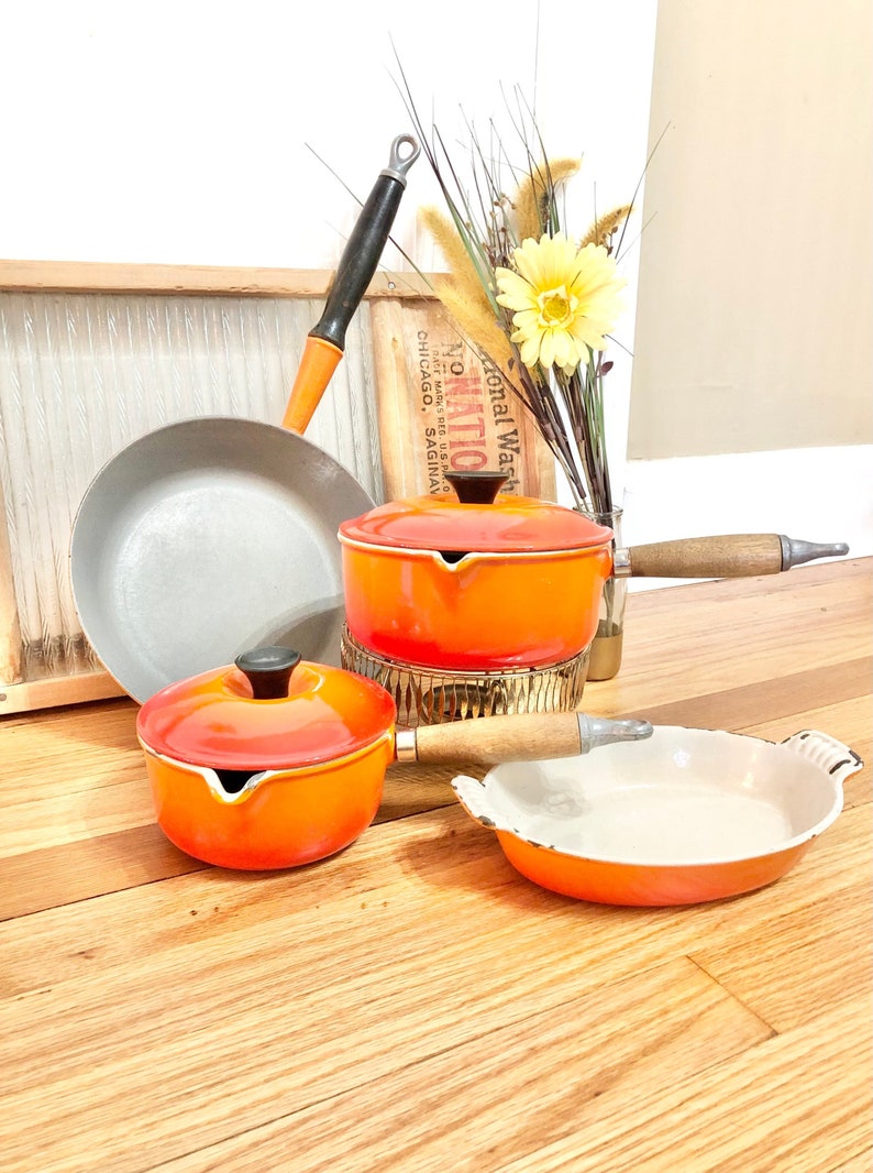 Vintage Le Creuset Flame Orange 6 Piece SET of 4 Pots and Pans / Flame Orange Le Creuset Cookware Set / Mid-Century Le Creuset Pots and Pans