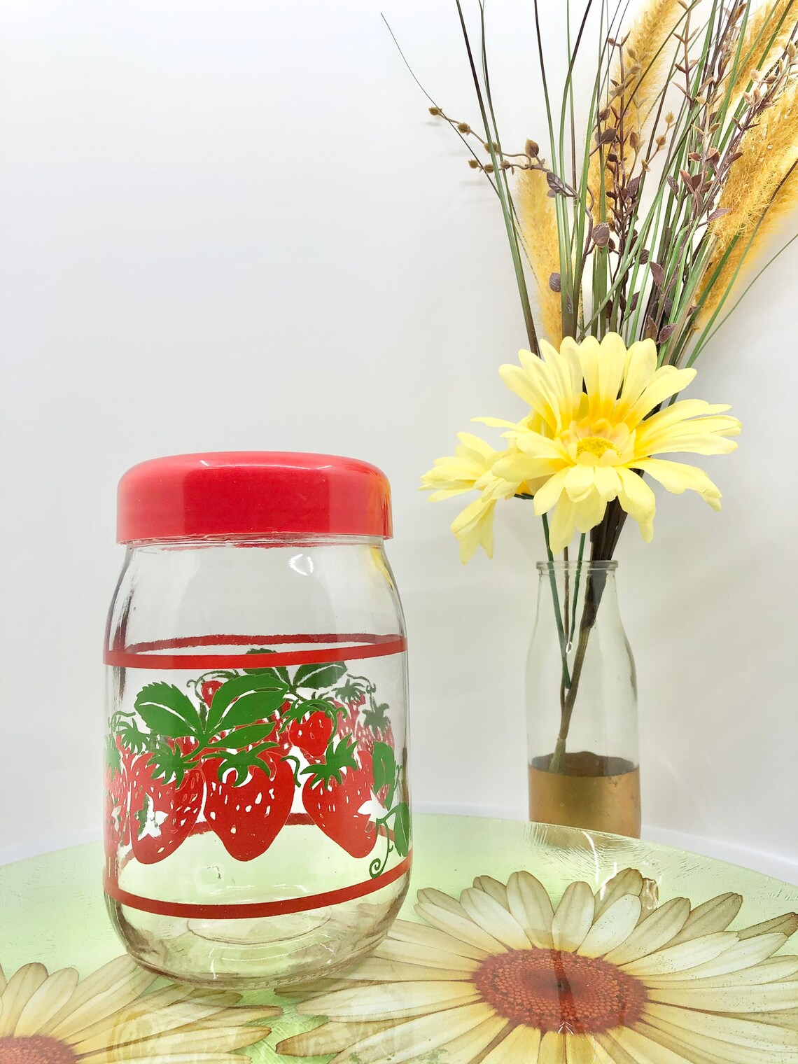 Vintage Glass Strawberry Jar with Red Plastic Lid / 1960's Etsy