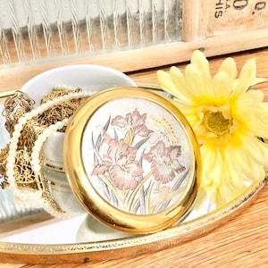 Vintage Porcelain and 24KT Gold Jewelry/Trinket Box with Floral Design/ Vintage Lidded Porcelain Storage Box / 1970&#39;s Floral Jewelry Box