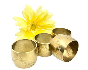 Vintage Set of 4 Solid Brass Floral Napkin Ring Holders / Brass Floral Napkin Ring Holders / Mid-Century Brass Napkin Ring Holders