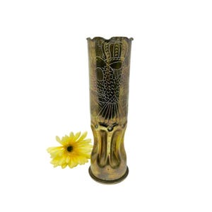 RARE Antique Trench Art Brass Shell Casing Vase with Birds / 1900’s Trench Art War Shell Casing Vase with Birds