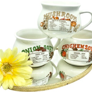 Vintage SET of 3 Recipe Soup Mugs/Bowls/Cups / Mushroom Soup, Chicken Soup, Onion Soup / Recipes Soup Bowls / 1980&#39;s Soup Mugs
