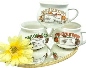 Vintage Recipe Soup Mugs: 1980s Mushroom, Chicken, Onion Set