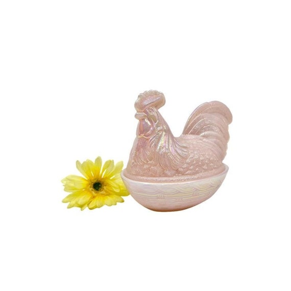 Vintage Fenton Pink Iridescent Glass Rooster on Nest Covered Dish
