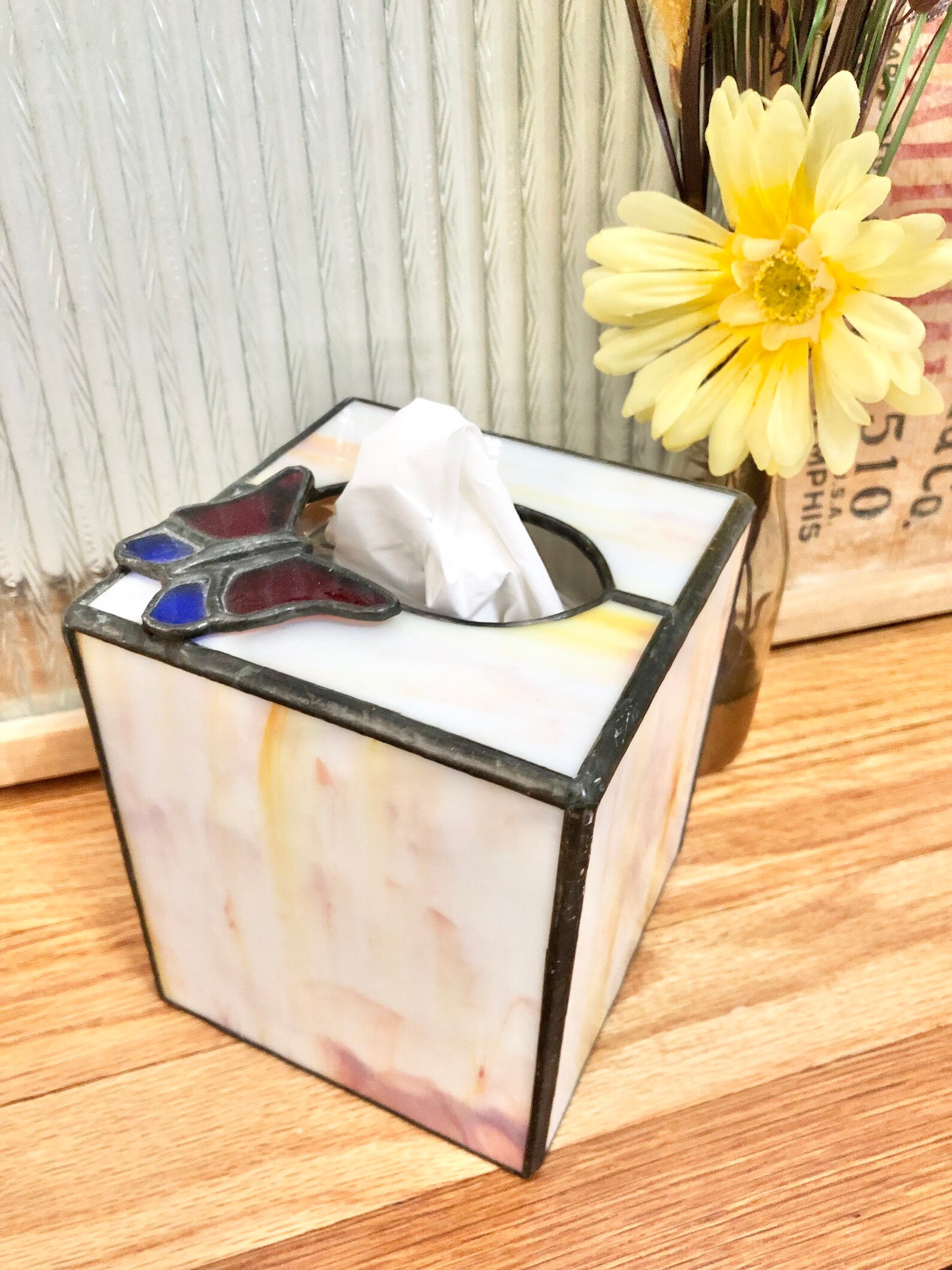 Vintage Stain Glass Tissue Box Holder With Butterfly / Etsy
