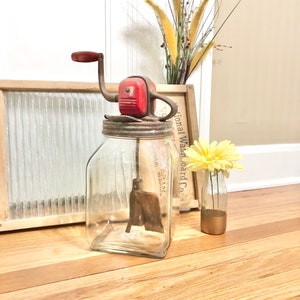 Antique 1920&#39;s 4 Quart Butter Churn / Glass Red Football Top Butter Churn / Churner Wood Whip and Hand Crank Churn / Farmhouse Décor