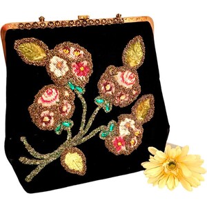 Vintage Handbag Black Velvet with Beads and Lucite Handle / 1960s Beaded Black Velvet Handbag image 9