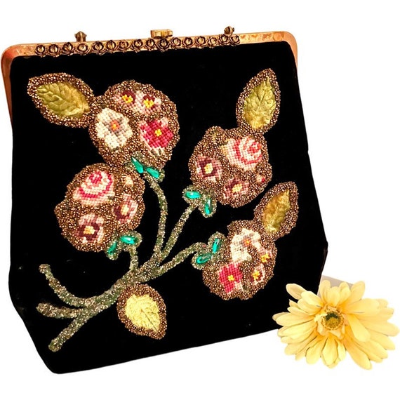 Vintage Handbag Black Velvet with Beads and Lucit… - image 9