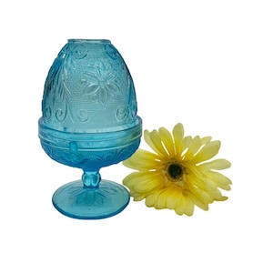 Vintage Indiana Glass Fairy Lamp: Tiara Chantilly Blue, Mid-Century Decor