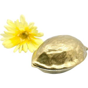 May include: A gold-colored metal nutcracker shaped like a walnut. The nutcracker is open and has a textured surface.