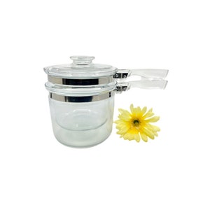 RARE Vintage Pyrex Flameware 1.5 QT Double Boiler / Bain Marie with Glass Handles / 1950&#39;s Pyrex Flameware Double Boiler Pot